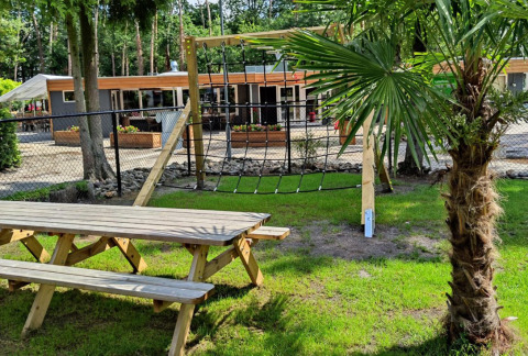 Klettergerüst und Picknicktisch im Ferienpark Bospark De Brenkberg in Limburg, Niederlande, mit Palmen und Grünfläche.