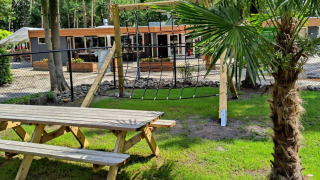 Red de escalada y mesa de picnic en Bospark De Brenkberg, un parque vacacional en Limburg, Países Bajos, rodeado de naturaleza.
