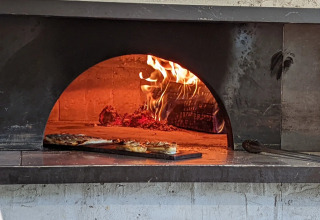 Horno de leña con fuego y pizza dentro, fotografiado en un parque vacacional con glamping.