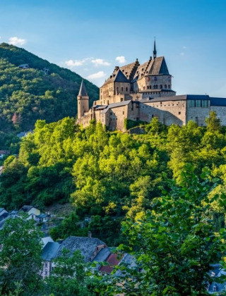 Vista de un castillo en la colina rodeado de bosque y un pueblo pequeño, ideal para glamping vacacional.