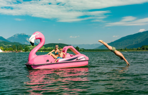 Famiglia rilassata su pedalò rosa a forma di fenicottero, uomo si tuffa nel lago con montagne sullo sfondo.