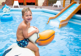 Boy in swim trunks riding a large bird figure in a children’s pool with slide at a holiday park in Utrecht.