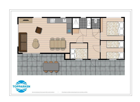 Planimetria del lodge Berkenhoeve presso Résidence Lichtenvoorde, Paesi Bassi, con tre camere e patio.