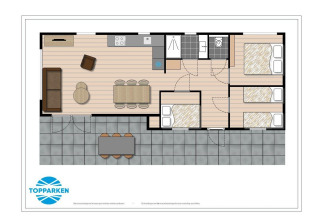 Planimetria del lodge Berkenhoeve presso Résidence Lichtenvoorde, Paesi Bassi, con tre camere e patio.