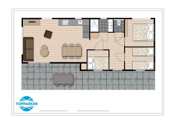 Planimetria del lodge Berkenhoeve presso Résidence Lichtenvoorde, Paesi Bassi, con tre camere e patio.