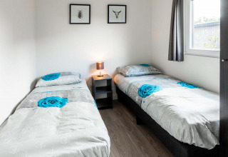 Habitación con dos camas individuales, mesa de noche, lámpara y arte en Berkenhoeve, Résidence Lichtenvoorde, Países Bajos.