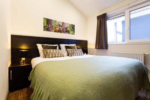 Camera da letto presso Berkenhoeve Wellness lodge con letto matrimoniale, coperta verde e ampia finestra.