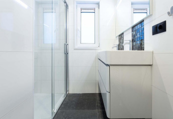 Baño moderno con ducha de vidrio, lavabo grande y ventana en Berkenhoeve Wellness, Résidence Lichtenvoorde.