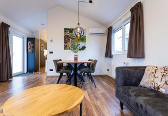 Hedendaagse woonkamer in Berkenhoeve Wellness Lodge, Résidence Lichtenvoorde, met houten vloer en gezellig interieur.