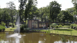 Una elegante cabaña junto a un estanque con fuente en Landgoed de Scheleberg, Países Bajos, rodeada de árboles.