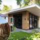 Moderne lodge ved navn Silva Wellness med træfacade og hottub i haven, omgivet af grønt og folk der slapper af.