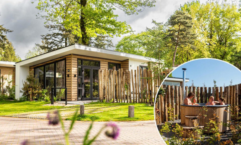 Cabaña moderna Silva Wellness con jacuzzi exterior privado en Bospark Ede, rodeada de naturaleza en Holanda.