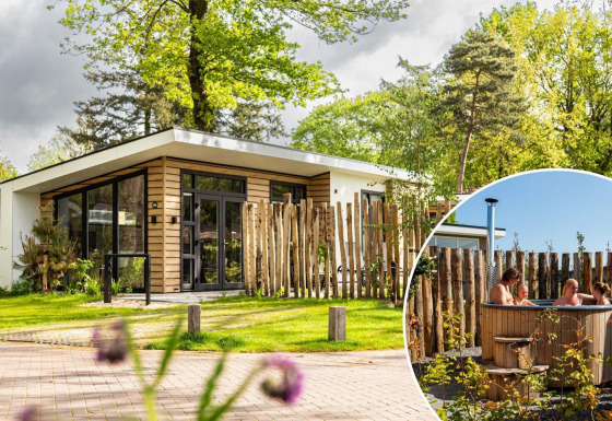Cabaña moderna Silva Wellness con jacuzzi exterior privado en Bospark Ede, rodeada de naturaleza en Holanda.