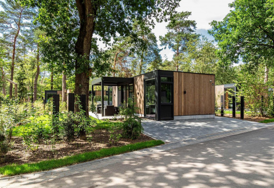 Moderna cabaña en Veluwe Hoeve, Resort Veluwe en los Países Bajos, rodeada de árboles y vegetación.