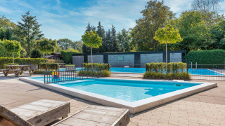 Zona de piscina al aire libre con tumbonas y árboles en Bungalowpark Het Verscholen Dorp, Gelderland, Países Bajos.