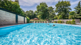 Piscine extérieure au Bungalowpark Het Verscholen Dorp, entourée d’arbres à Gelderland, Pays-Bas.