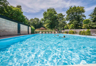 Buitenzwembad bij Bungalowpark Het Verscholen Dorp, omringd door bomen in Gelderland, Nederland.