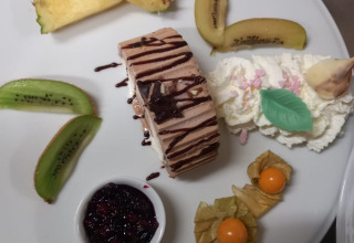 Een mooi gepresenteerd dessertbord met fruit, slagroom, chocoladetoetje en bessencompote.