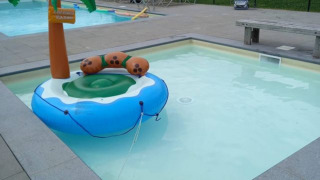Piscina infantil con flotador inflable de palmera en Camping Oos Heem, parque vacacional en Lieja, Bélgica.