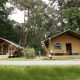 To safaritelte-lodges i skoven med træterrasser og picnicborde under høje træer, Safari tent lodge.