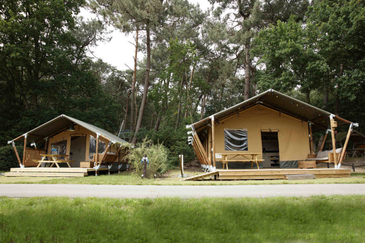 Twee safaritent-lodges in het bos met houten terrassen en picknicktafels, Safari tent lodge.