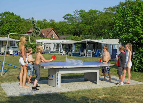 Niños y adultos juegan al tenis de mesa al aire libre en Costa Kabrita, parque vacacional en North-Brabant, Países Bajos.