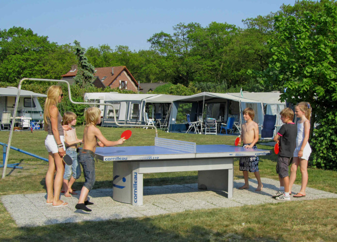 Kinderen en volwassenen spelen buiten tafeltennis op vakantiepark Costa Kabrita in Noord-Brabant, Nederland.
