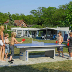 Niños y adultos juegan al tenis de mesa al aire libre en Costa Kabrita, parque vacacional en North-Brabant, Países Bajos.