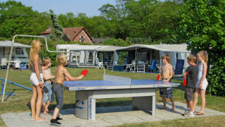 Niños y adultos juegan al tenis de mesa al aire libre en Costa Kabrita, parque vacacional en North-Brabant, Países Bajos.