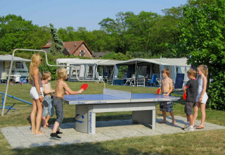 Bambini e adulti giocano a ping pong all’aperto al parco vacanze Costa Kabrita in Brabante Settentrionale, Paesi Bassi.