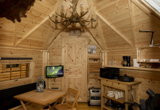 Interior de la tiny house Finse Kota en Costa Kabrita, Países Bajos, con decoración de madera cálida.