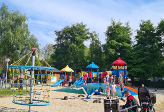 Kinderen spelen op een kleurrijke speeltuin in Vakantiepark 't Urkerbos, omgeven door bomen en gezinnen.