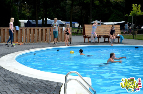 Niños jugando y nadando en la piscina de Vakantiepark 't Urkerbos, un parque vacacional en Flevoland, Países Bajos.