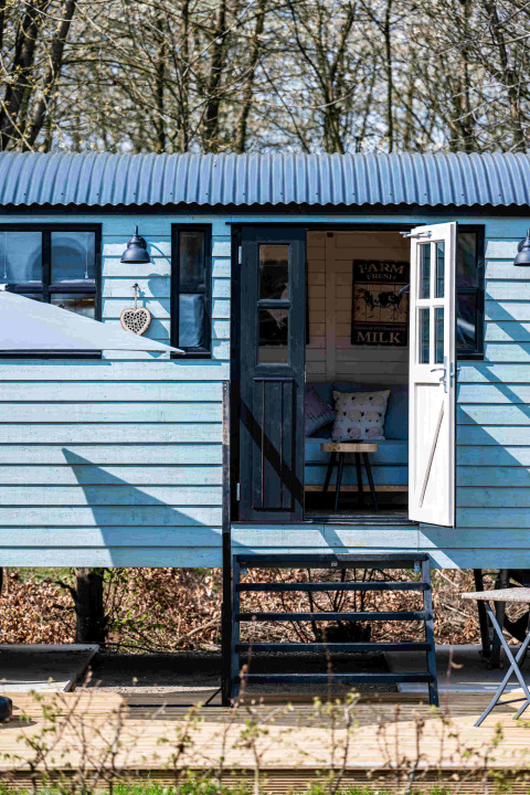 Alojamiento glamping Shepperd Lodge de color azul con puerta abierta, escaleras y área interior acogedora.