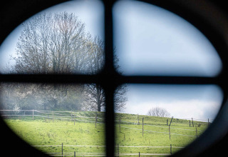 Vista su una collina verde e alberi attraverso una finestra ovale alla Shepperd Lodge glamping.