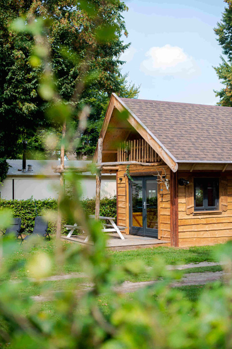 Pequeña cabaña Jachthut en Camping Vinkenhof, Países Bajos, rodeada de árboles y césped verde en verano.