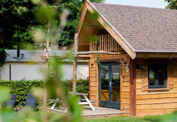 Piccola casa di legno Jachthut al Camping Vinkenhof in Olanda, immersa nel verde e circondata da alberi.