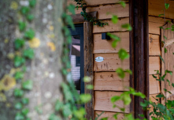 Casetta di legno Jachthut al Camping Vinkenhof nei Paesi Bassi, circondata da foglie verdi.