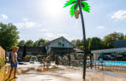 Bambini che giocano sotto una palma spruzzante acqua alla piscina del Camping Vinkenhof, Limburg, Olanda.