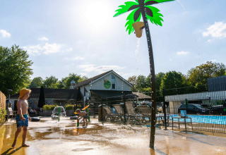 Kinderen spelen onder een spuitende palmboom bij het zwembad van Camping Vinkenhof in Limburg, Nederland.