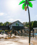 Niños juegan bajo una palmera con agua en la piscina del Camping Vinkenhof, Limburgo, Países Bajos.