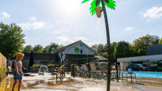 Niños juegan bajo una palmera con agua en la piscina del Camping Vinkenhof, Limburgo, Países Bajos.