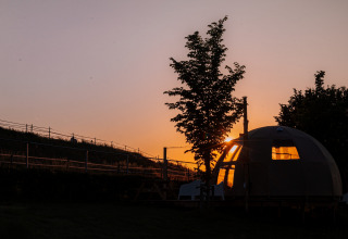 Atardecer tras árboles y la Panorama Dome en Camping Vinkenhof, Países Bajos, luz cálida en la ventana.