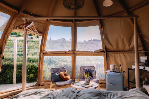 Vista interior del Panorama Dome en Camping Vinkenhof, Países Bajos, con mobiliario moderno y paisaje verde.