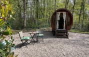 Hyggelig Gipsy Wagon tiny house med udendørs siddeplads omgivet af skov ved Buytenplaets Abelen, Holland.
