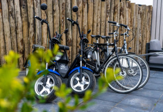 Elcykler og traditionelle cykler står parkeret ved et træhegn under et ophold på en glampingplads.