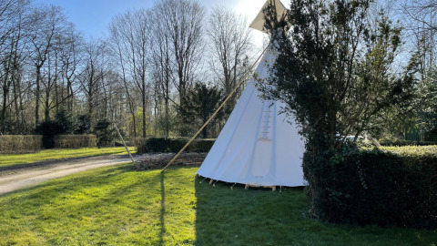 Tienda tipi sobre césped verde con árboles y sol en Buytenplaets Abelen, parque vacacional en Flevoland, Países Bajos.