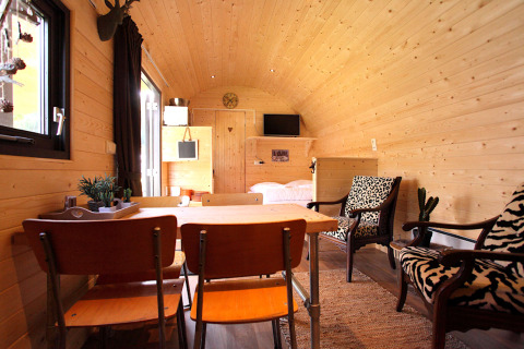 Cozy glamping cabin with wood paneling, dining table, TV, double bed, and animal-patterned chairs.