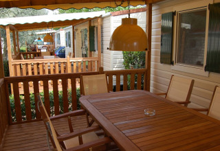 Træterrasse ved en lodge med spisebord, stole og hængende lamper, omgivet af grønne planter.