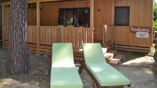 Dos tumbonas verdes frente a SunLodge Catalpa en hu Norcenni Girasole Village, Italia, rodeadas de árboles.